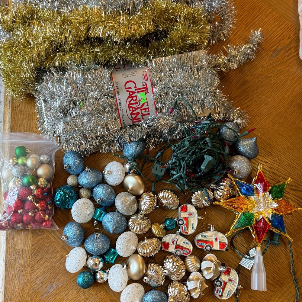 Mixed lot of MCM style ornaments with vintage tinsel garland.